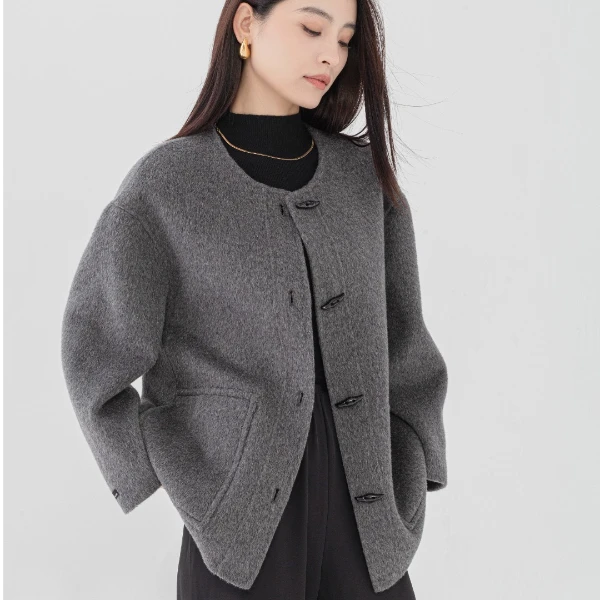 浅秀：【100高支澳羊毛】中长款宽松休闲百搭双面呢大衣毛呢外套2419