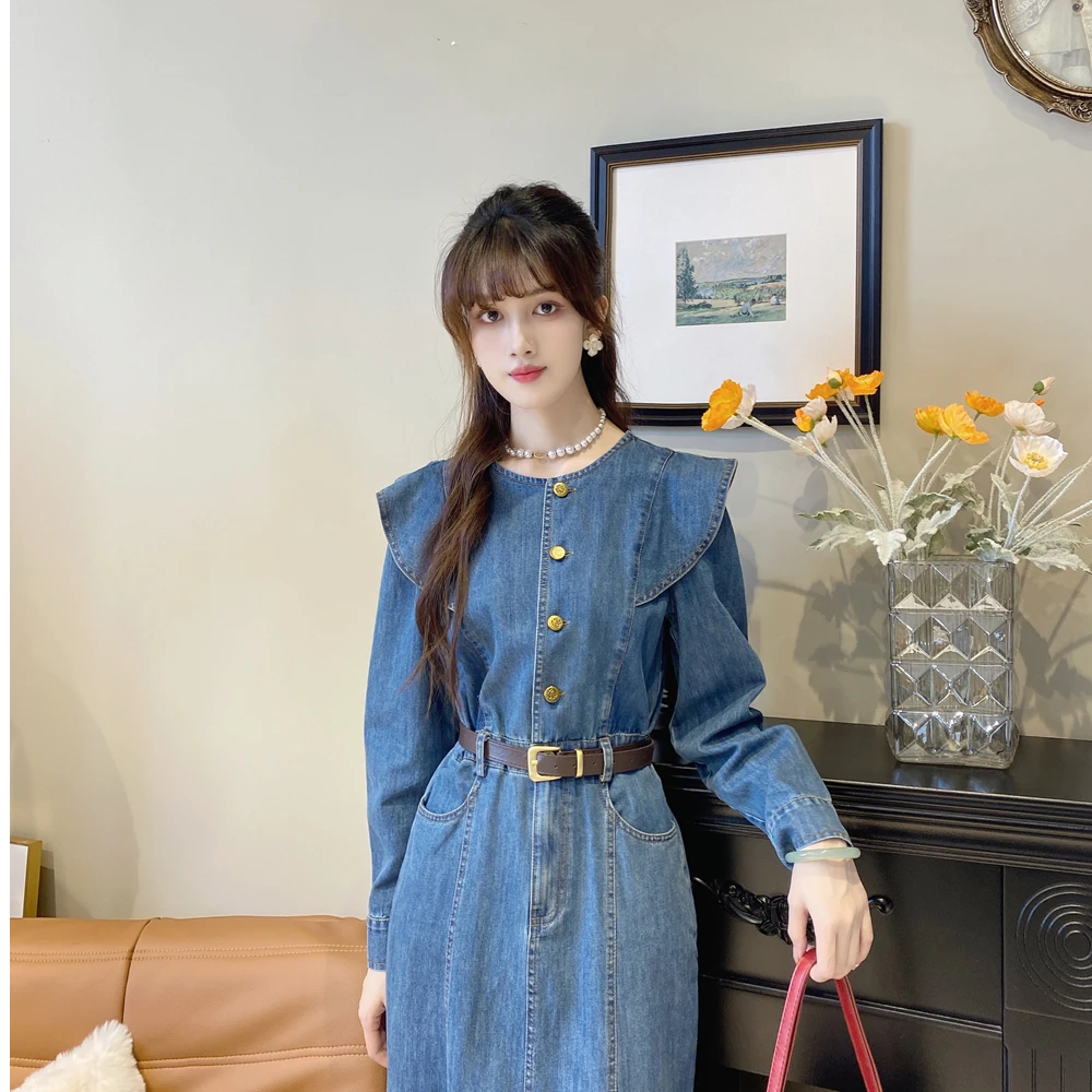 法式复古牛仔连衣裙秋款裙时尚气质洋气收腰牛仔鱼尾裙SZ1909007