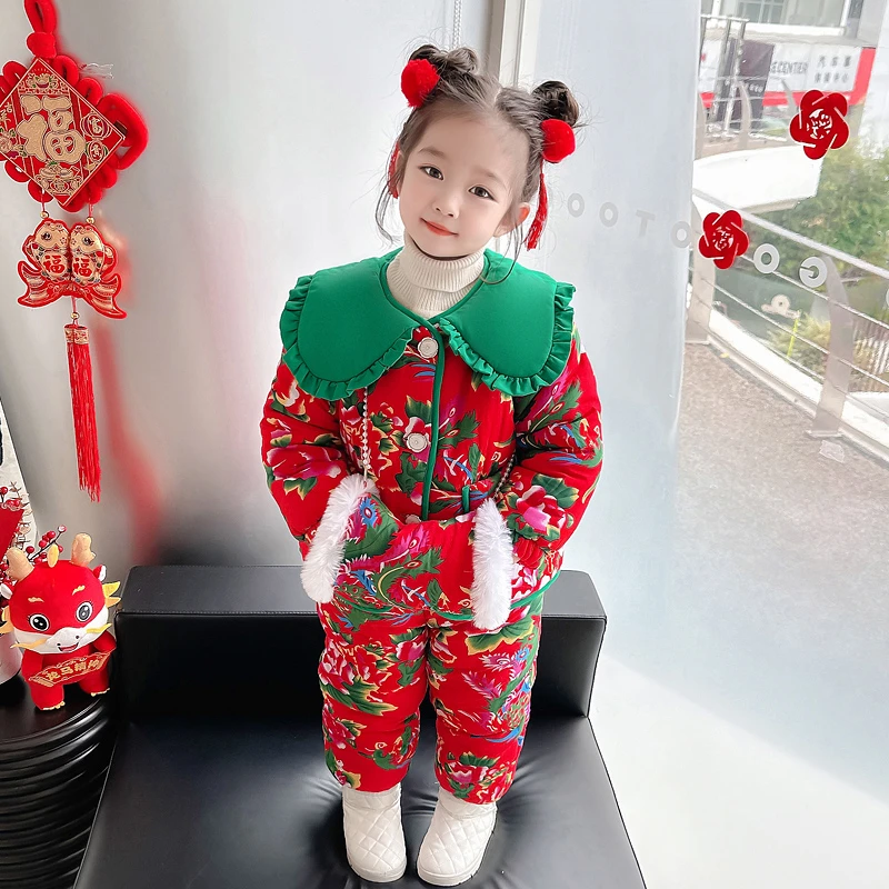 儿童东北大花棉袄冬季女童宝宝中国风加厚睡衣女孩新年家居服套装