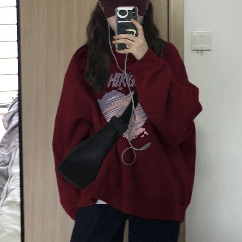 酒红色无帽百搭卫衣女秋冬加绒加厚高级感上衣慵懒风复古外套