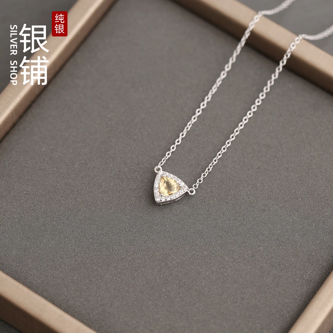 坠链均925银合成锆石 几何纯银项链女款轻奢小众设计感百搭香槟色