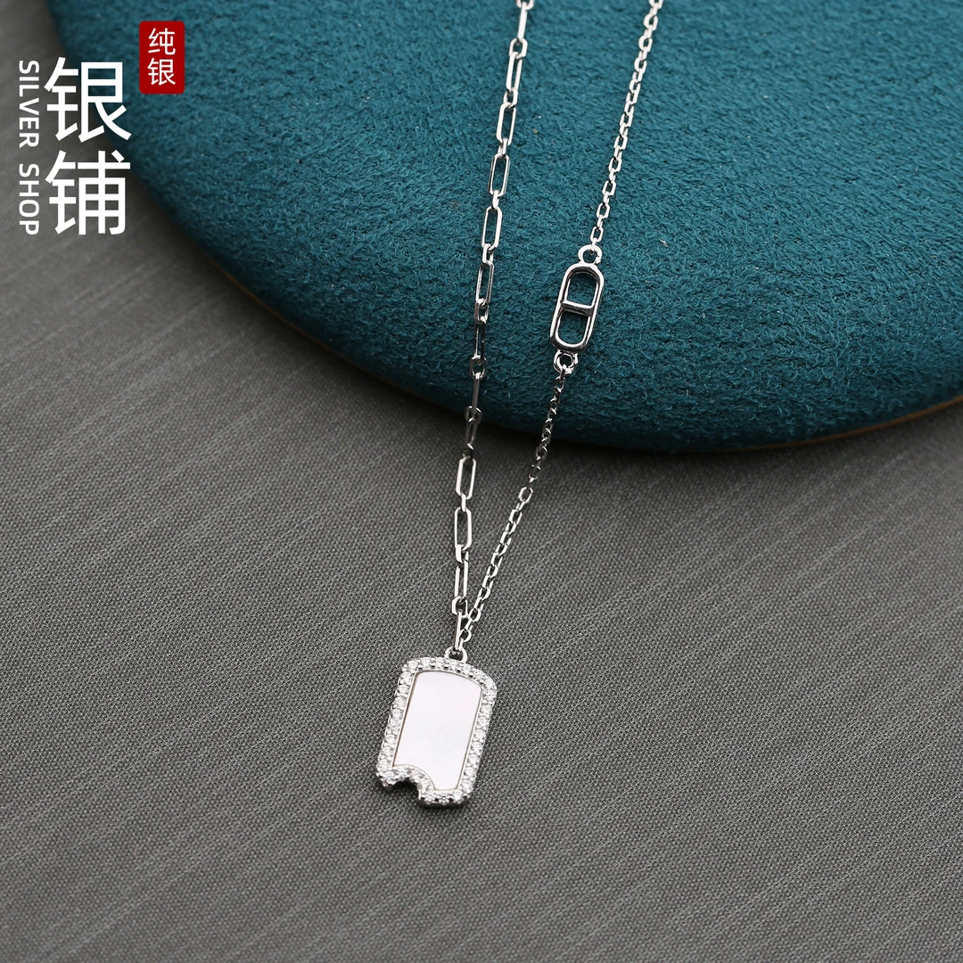 坠链均925银合成锆石 方牌锁骨链女款个性小众设计雪糕项链不过敏