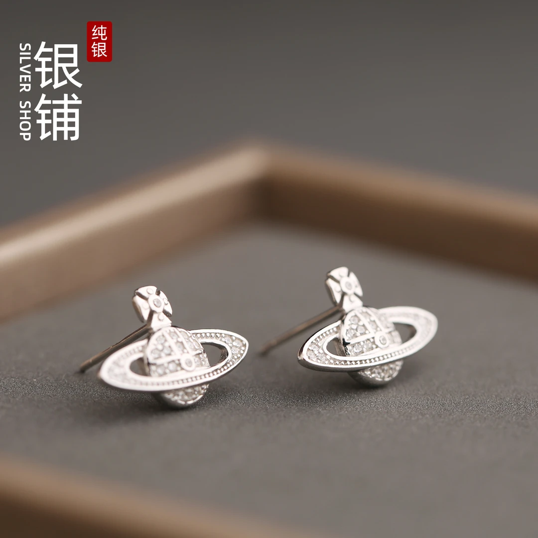925银耳饰 土星纯银耳钉女满钻复古耳饰气质小众设计百搭生日礼物