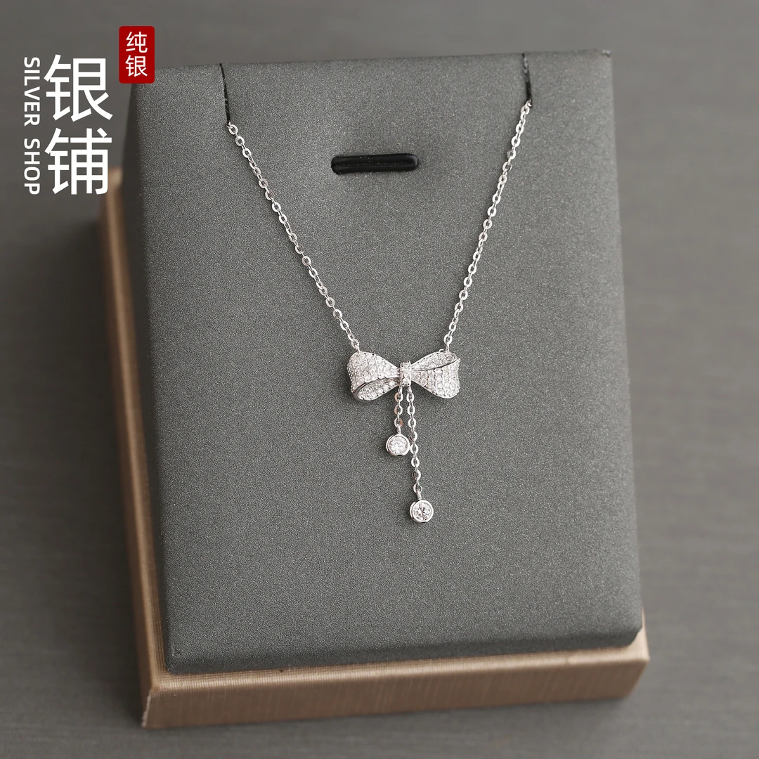 坠链均925银 蝴蝶结项链纯银女轻奢百搭满钻流苏甜美锁骨链不过敏