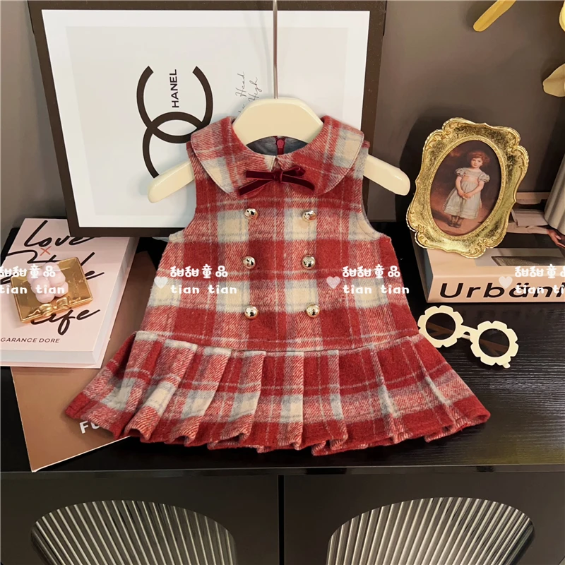 【现货】潮童宝宝加绒格子背心裙女童韩系学院风可爱jk公主裙