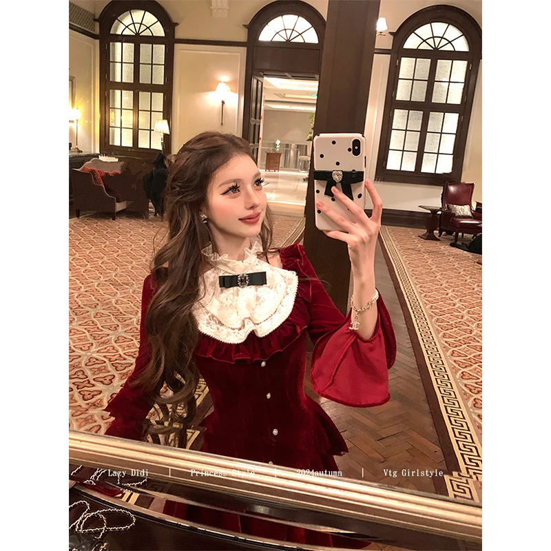 Lazy Didi日暮之约 蕾丝可拆 丝绒公主裙复古挂脖生日裙约会裙子