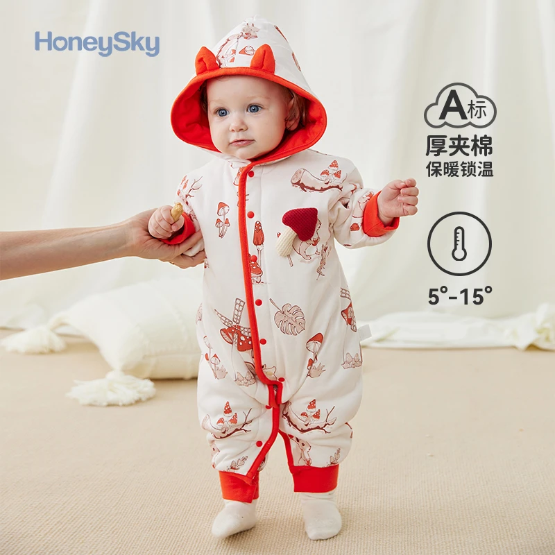 哈尼天空棉服连体衣婴儿保暖连帽加厚秋冬款夹棉锁温新生儿爬爬服