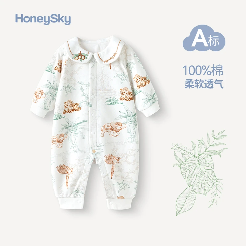 哈尼天空新生婴幼儿连体衣长袖春秋款纯棉柔软哈衣宝宝满月爬爬服