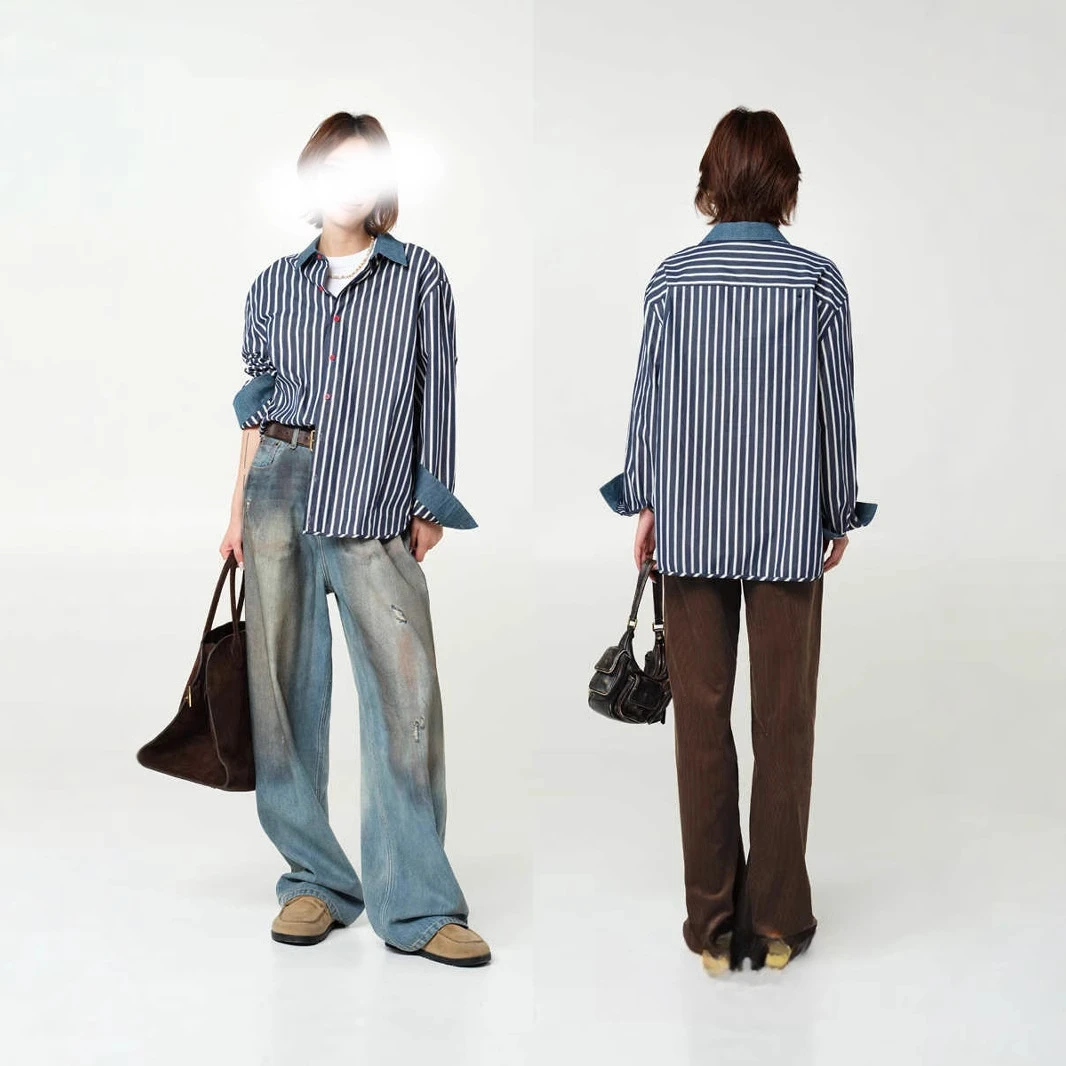 【简知】设计感衬衣牛仔布拼接棉条纹宽松时髦百搭休闲衬衫女 247