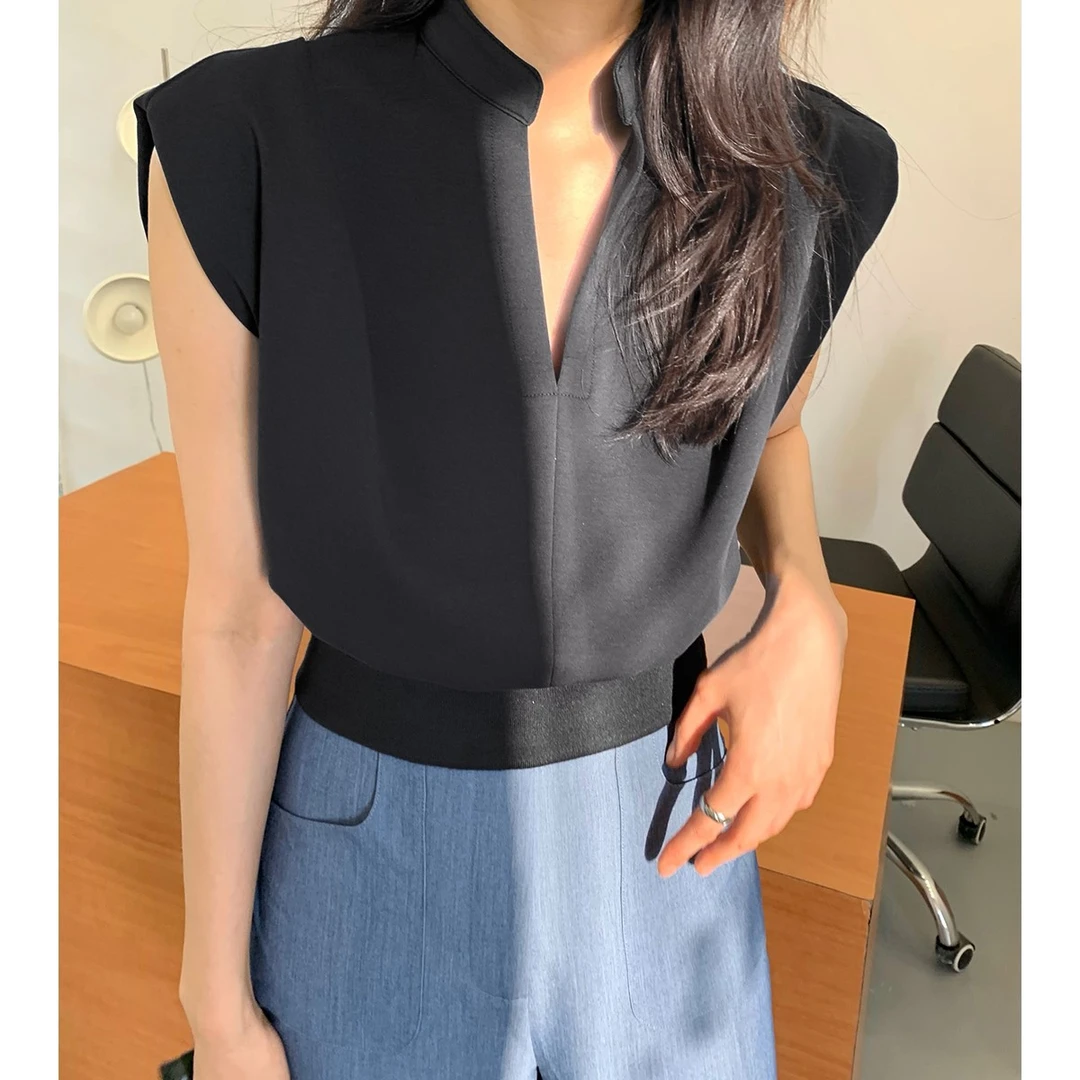 【简知】摩登入时v领无袖坎肩T恤女清凉棉免熨烫背心显瘦气质 837