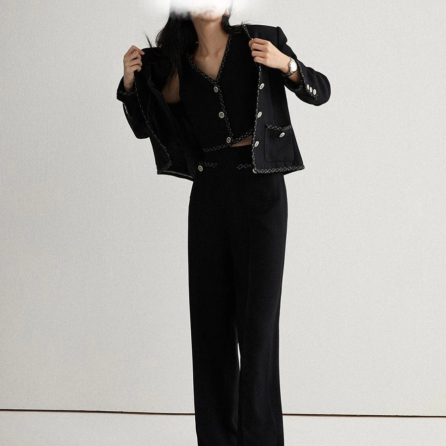 【简知】套装气质通勤黑色小xiang竹节西装外套马甲 006