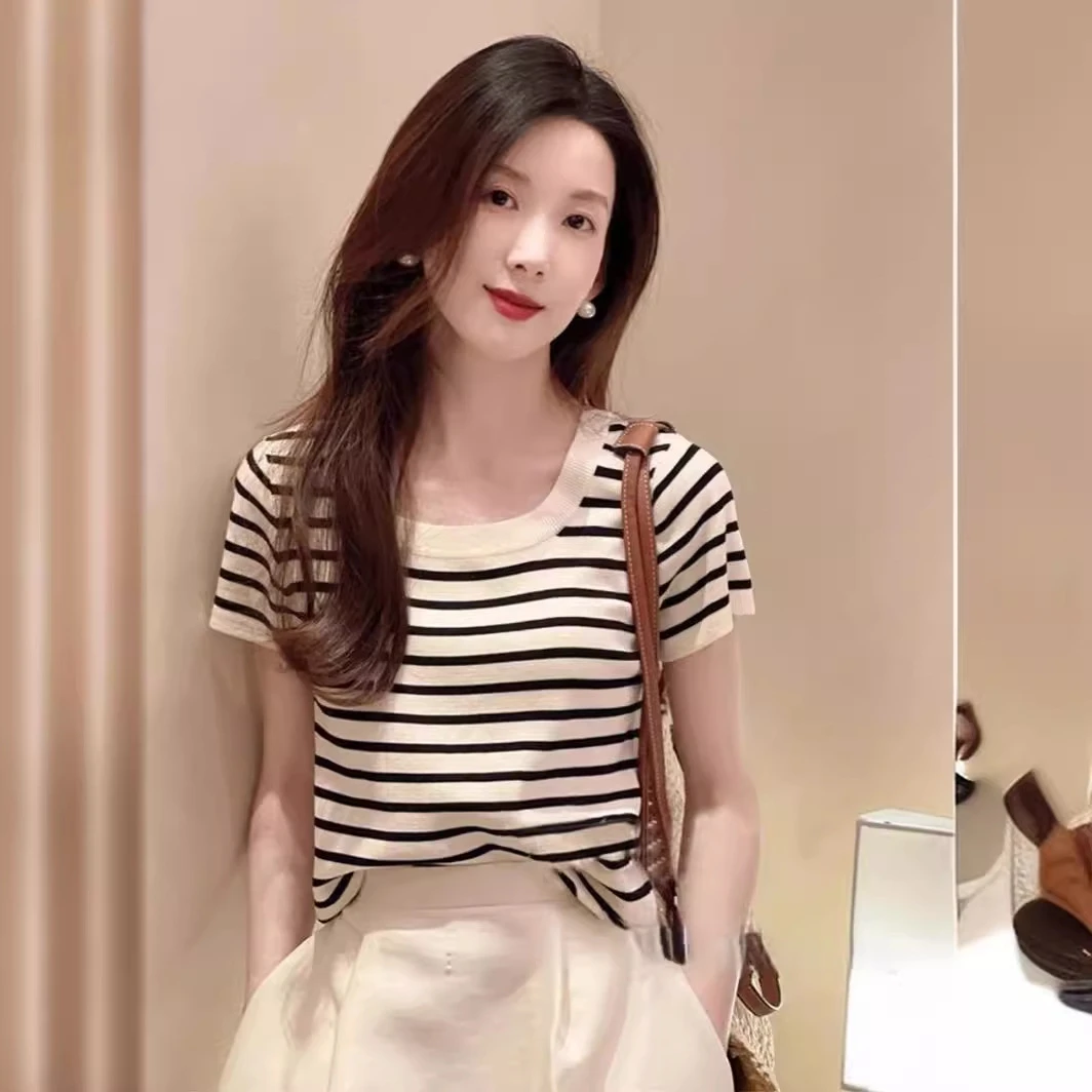 【简知】夏季天丝短袖女宽松法式小xiang风条纹T恤针织衫百搭097