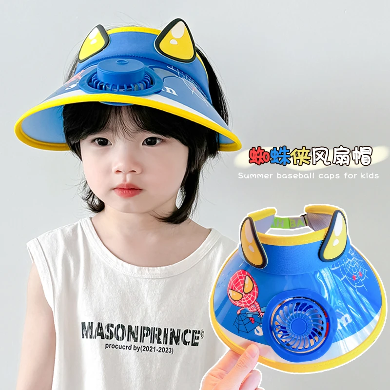 儿童防晒帽带风扇男童夏季空顶大帽檐遮阳帽宝宝帽子蜘蛛侠太阳帽