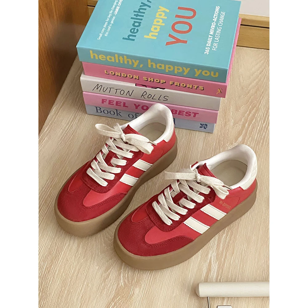 德训鞋女复古2024春夏新款红色轻便板鞋圆头运动鞋休闲小白鞋厚底