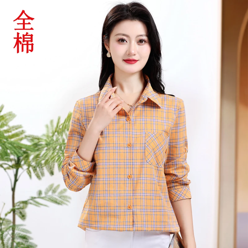 春秋夏长袖衬衫中老年女装中年新款格子妈妈大码宽松上衣衬衣