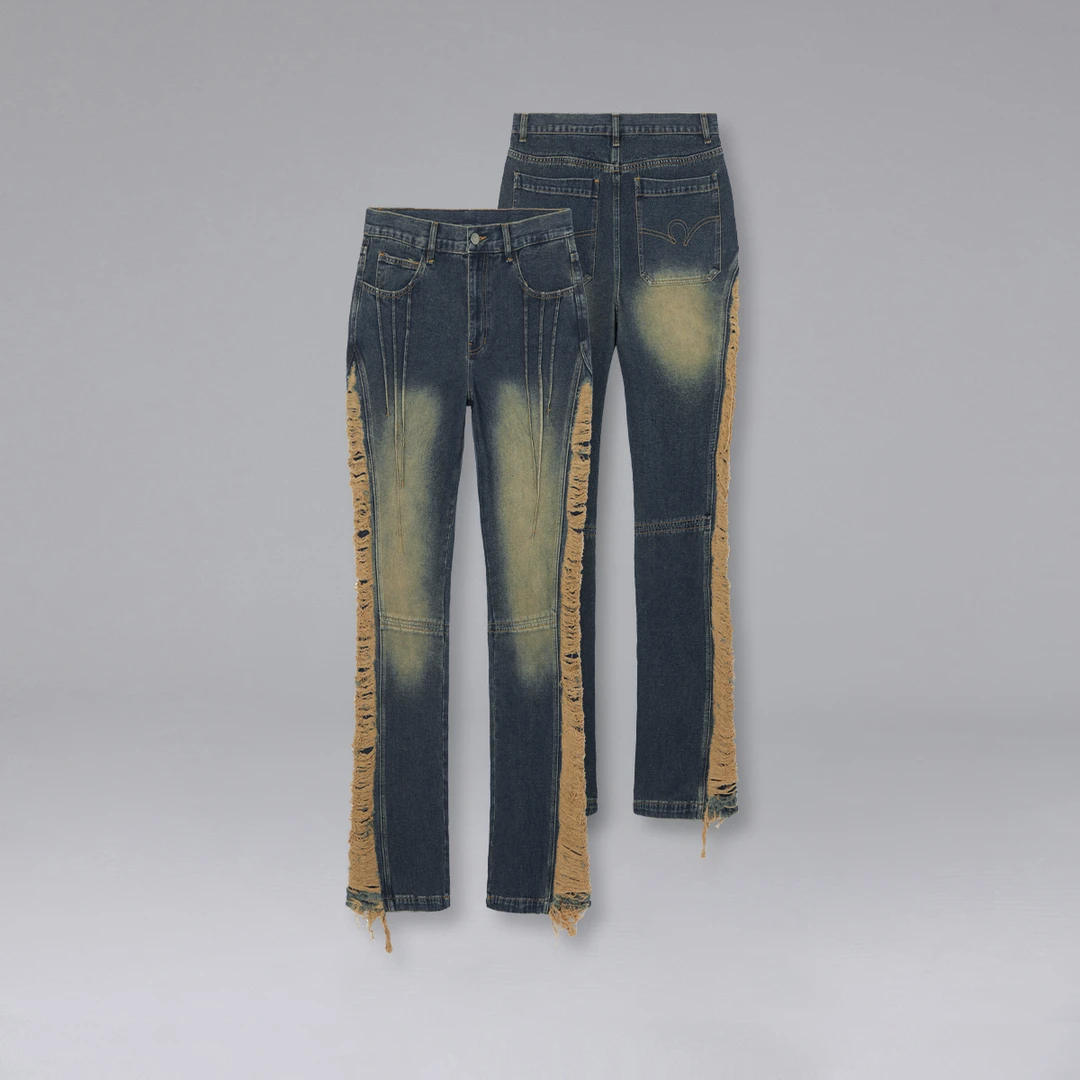 Rocawear潮牌美式黄泥染水洗破洞牛仔喇叭裤高街复古长裤男女同款