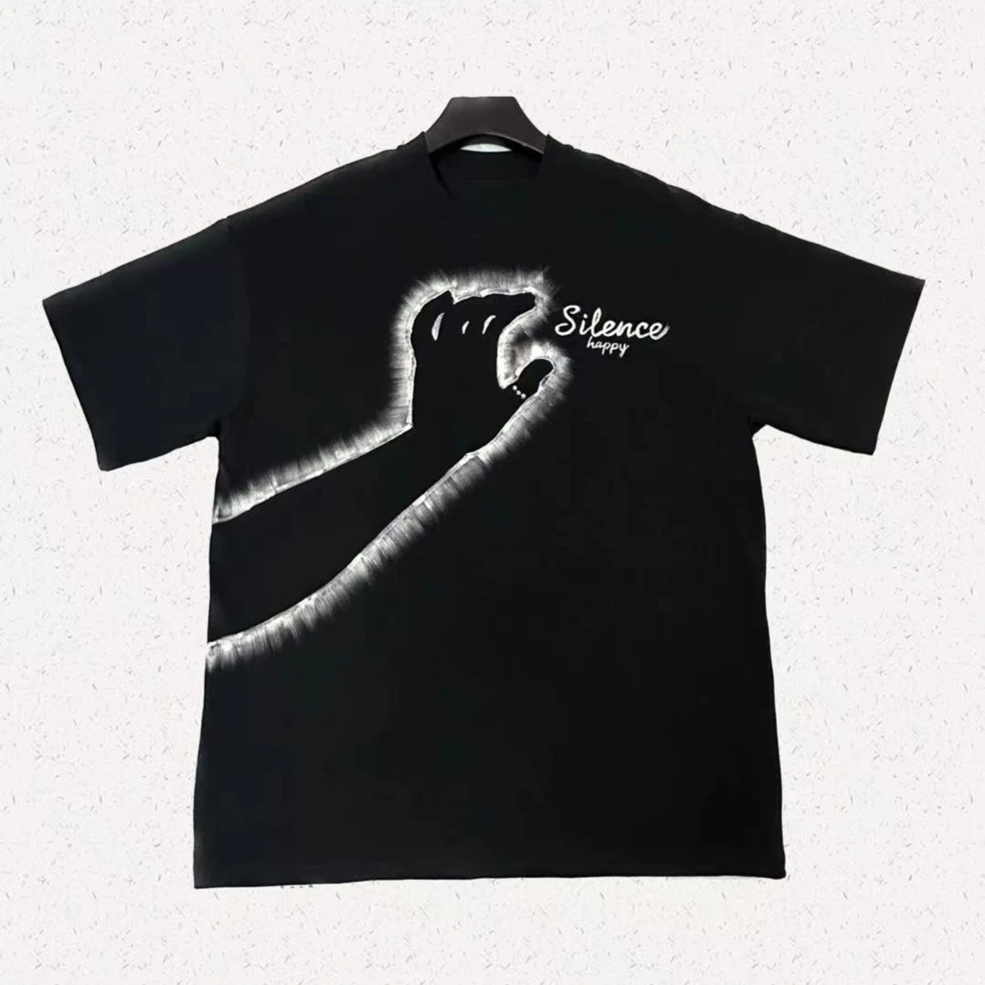 【乄声】设计师款  手绘涂鸦手臂英文重磅双纱纯棉宽松T恤WS20876款