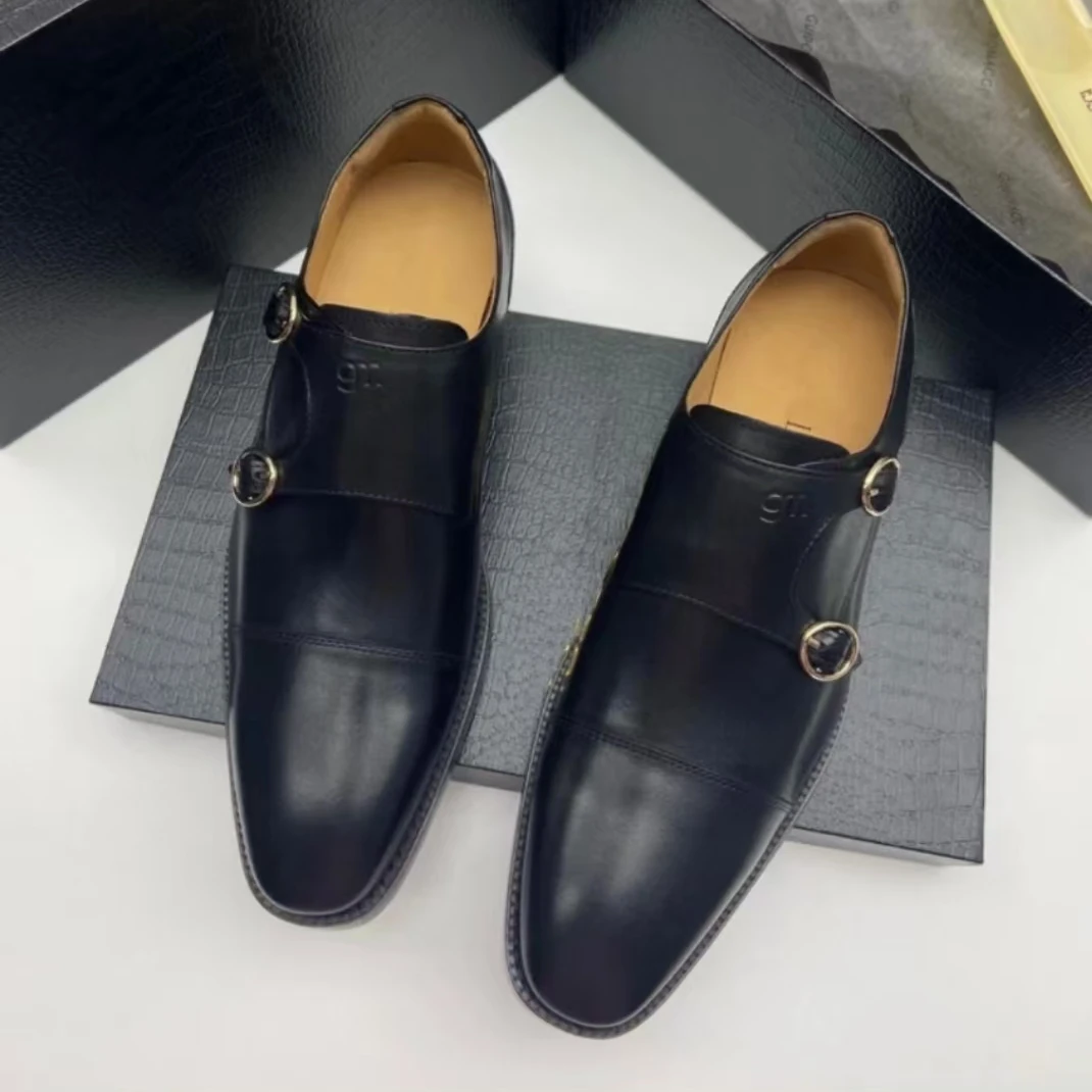 男士孟克鞋真皮搭配西装新款皮鞋黑色一脚蹬牛皮双扣孟克鞋2025
