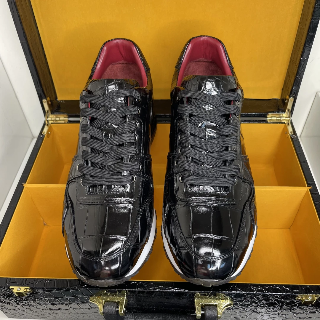 2024新款时尚真皮透气百搭运动鞋 男士黑色鳄鱼皮休闲低帮运动鞋