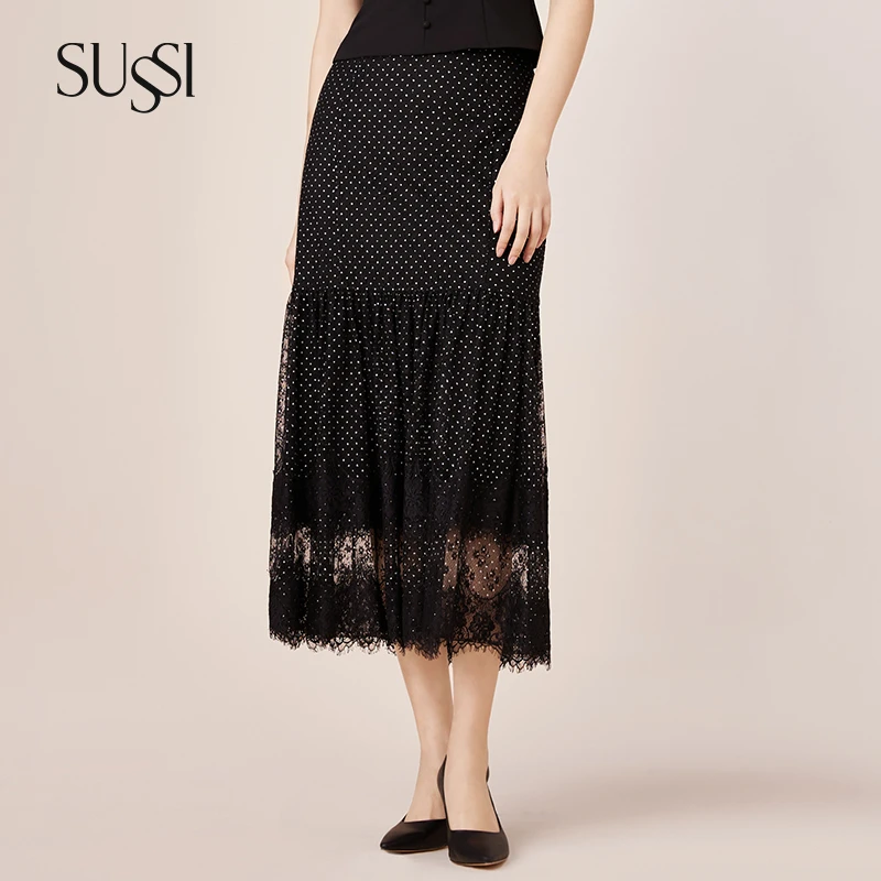 古色sussi/黑色蕾丝拼接复古波点鱼尾半身裙女