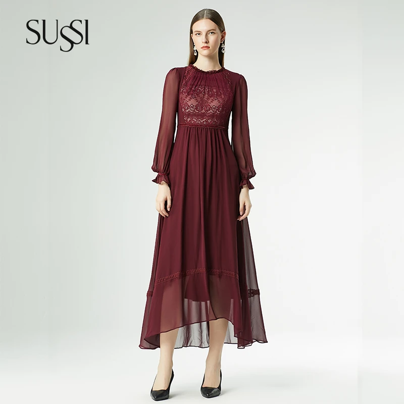 [女王从行]SUSSI/古色24秋圆领新年红装雪纺长袖连衣裙女装显瘦