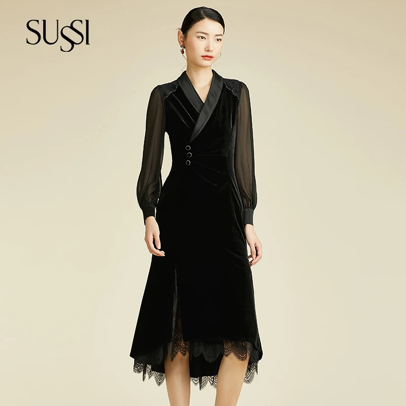 SUSSI/古色24春商场同款黑色V领泡泡袖开叉中长连衣裙