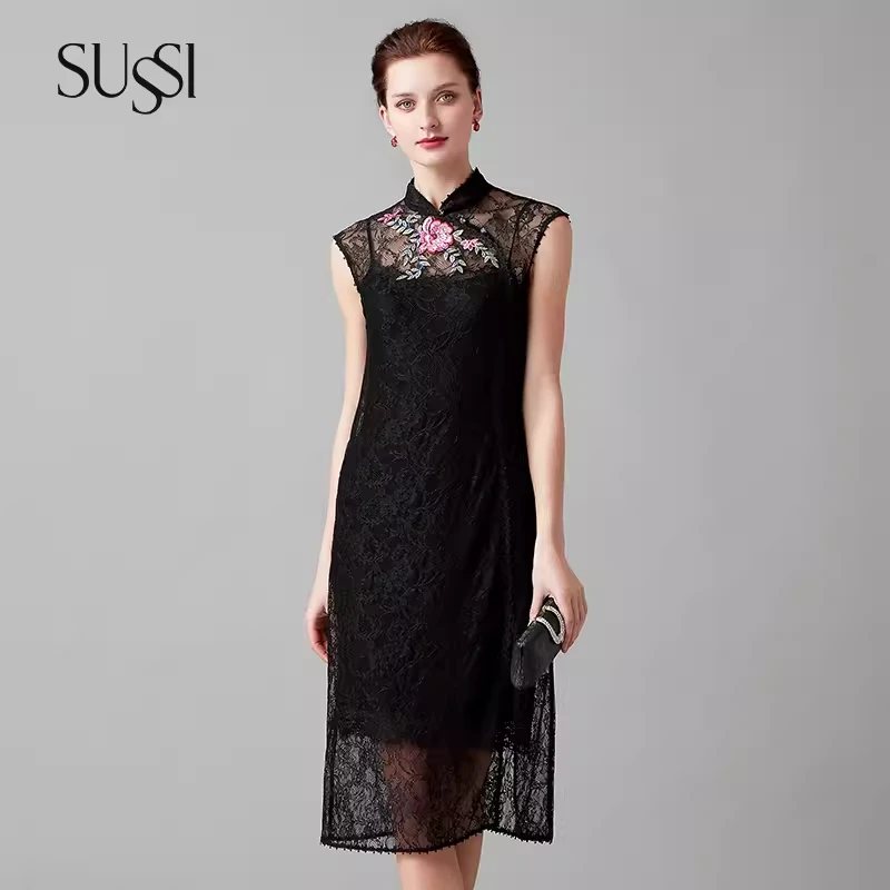 SUSSI/古色夏商场同款黑色蕾丝新中式气质通勤直身裙女