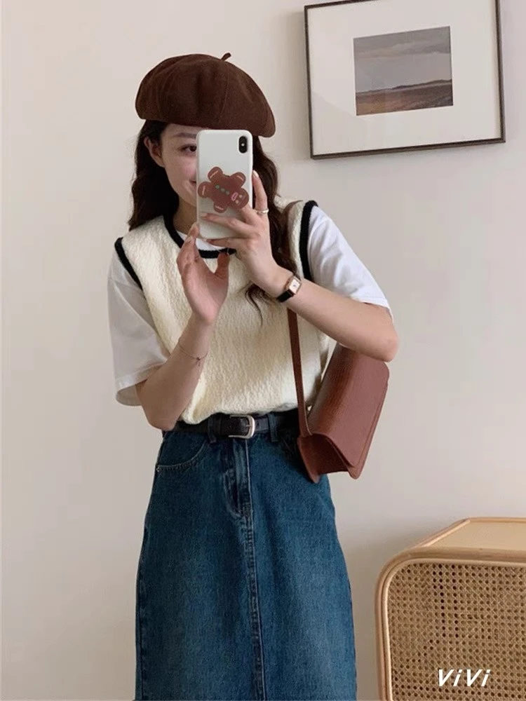 基础款 ~ 韩系小香风时尚拼色圆领无袖背心上衣女叠穿洋气马夹秋