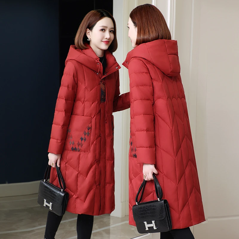 2024冬高端气质妈妈装羽绒服女中长款大码宽松连帽加厚白鹅绒外套