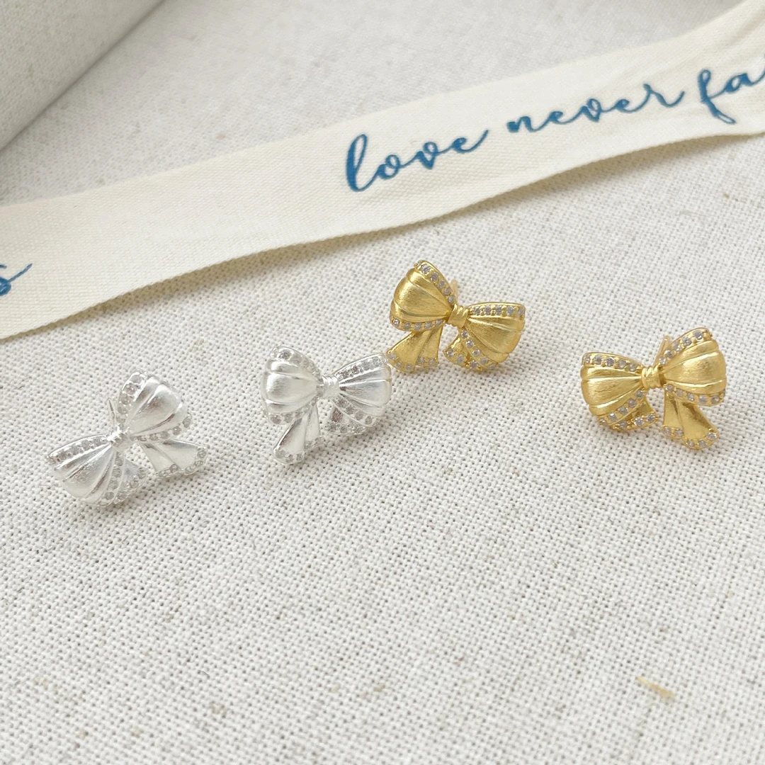 925银合成锆石耳饰 s925纯银拉丝缎带蝴蝶结蕾丝耳钉气质简约甜美