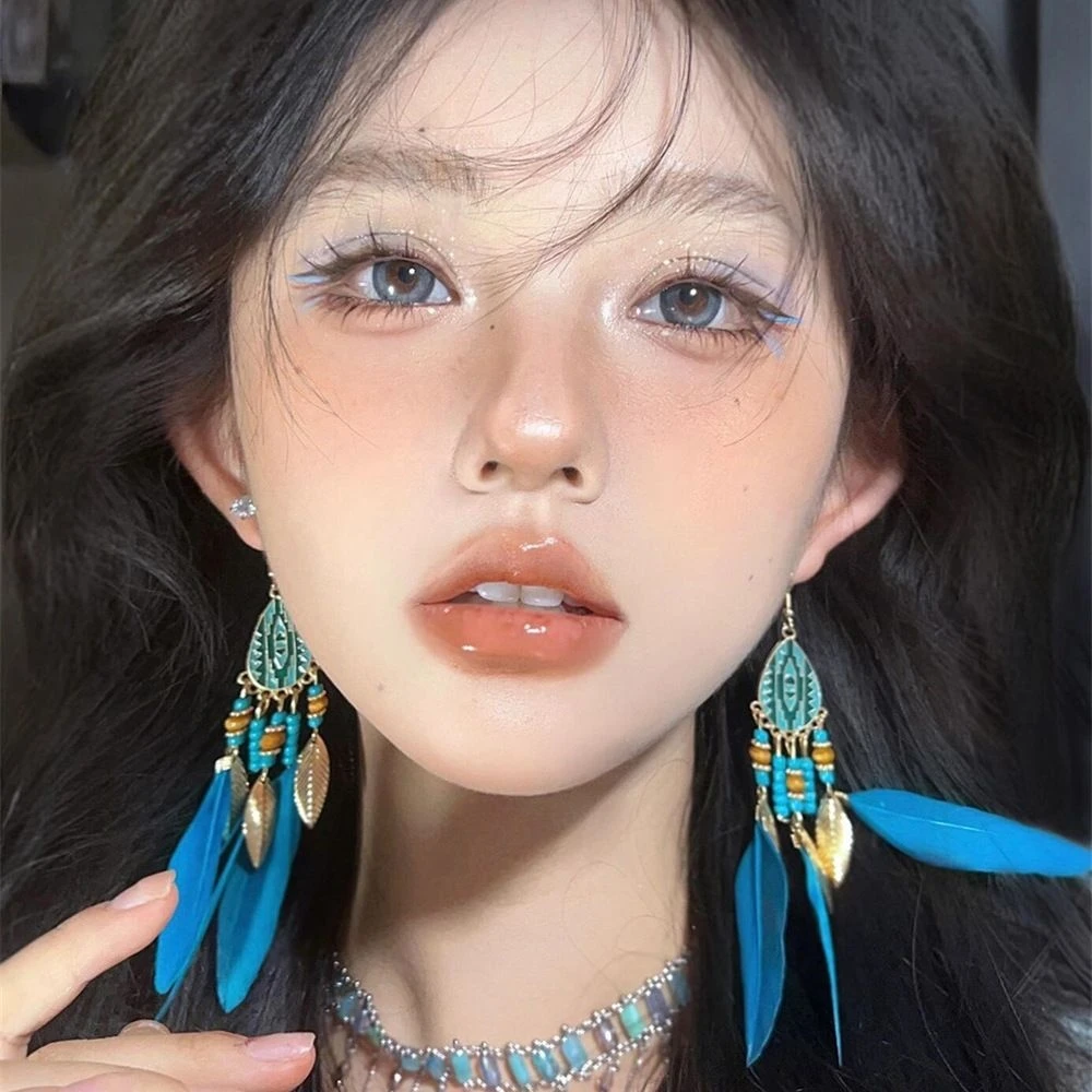 合金羽毛耳饰 异域风情流苏串珠耳环波西米亚复古民族风个性耳坠