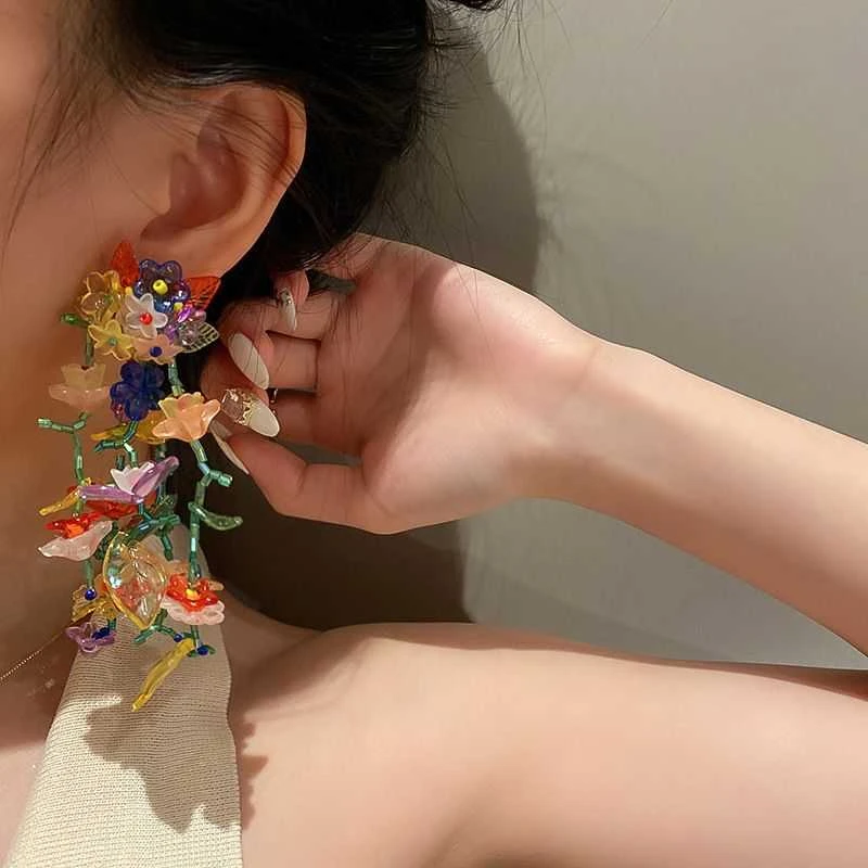 合金亚克力耳饰 欧美流苏彩色爱心树叶蝴蝶结耳钉水晶女小众耳环