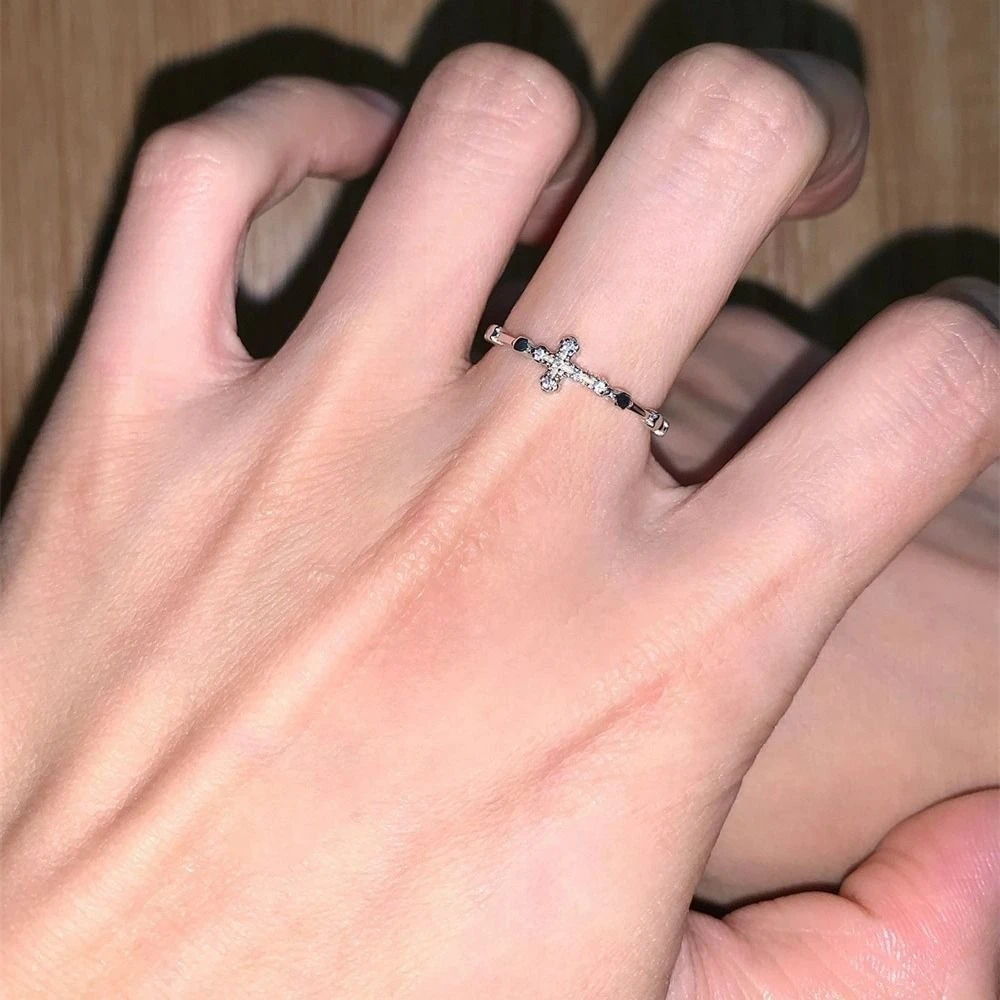 合金锆石戒指 十字架素圈戒指冷淡风时尚百搭小众设计细开口指戒