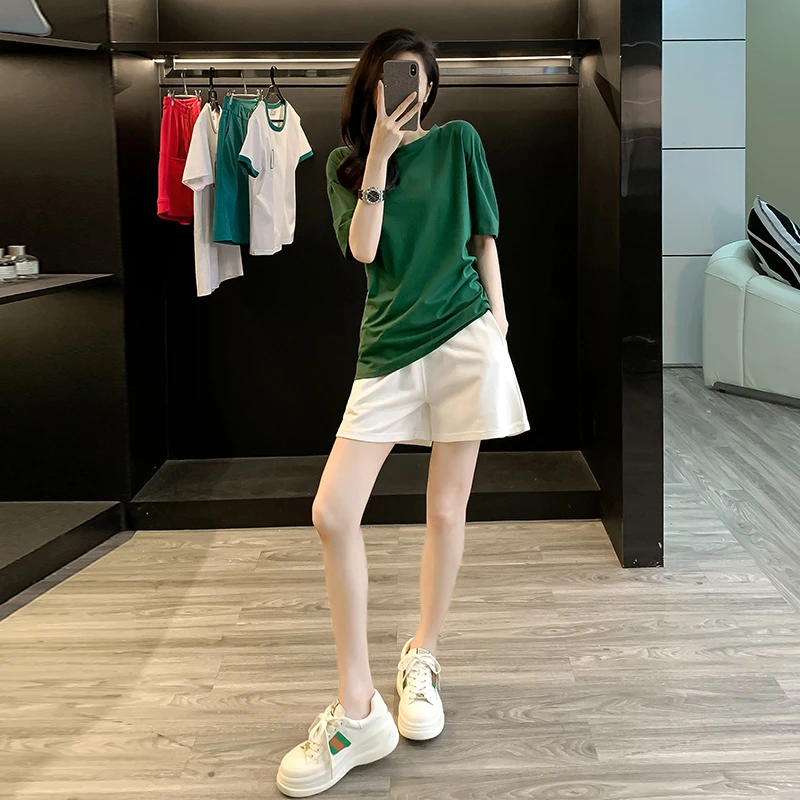 夏装休闲套装女装小众洋气时髦气质显瘦绿色短袖时尚百搭白色短裤