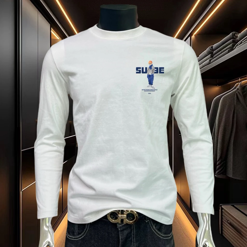 白色圆领长袖男T恤修身韩潮流上衣2024新款秋冬季休闲打底衫