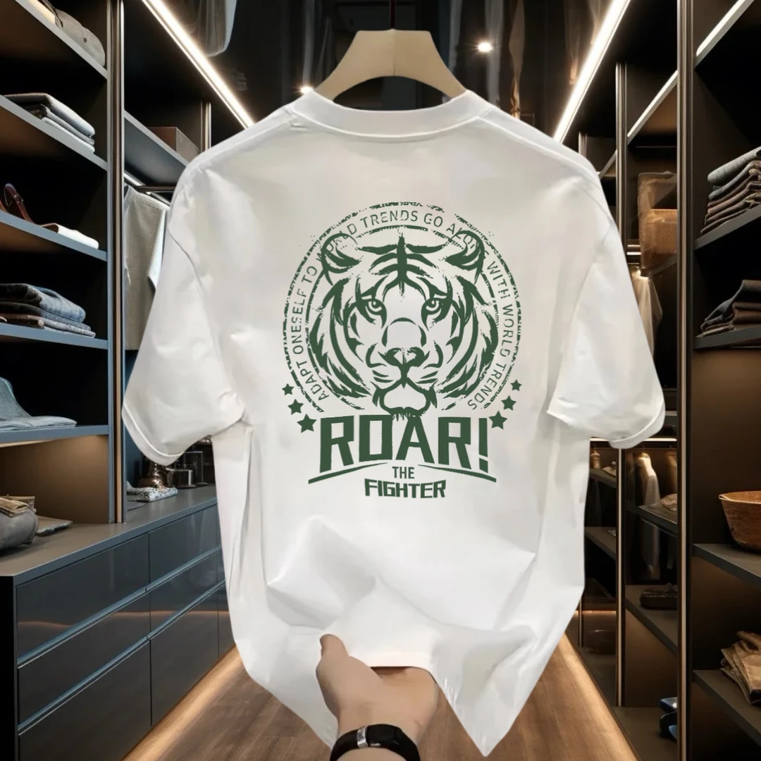 老虎头新款短袖T恤男修身潮牌百搭潮流印花网红上衣半袖衣服