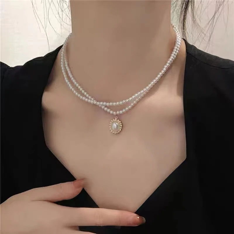 88223法式复古双层仿珍珠轻奢锁骨项链