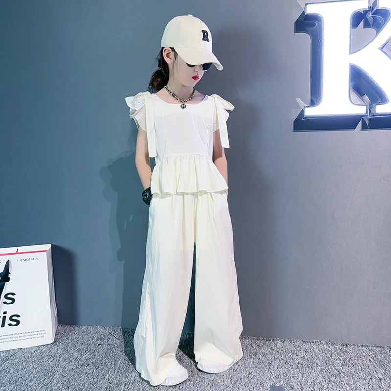 女大童千金风小飞袖套装2025夏季新款中大童洋气时尚阔腿裤两件套