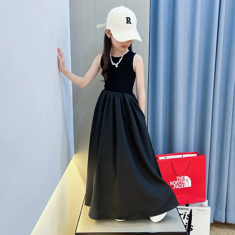 女童法式赫本风黑色连衣裙夏季新款中大童气质范高级无袖背心长裙