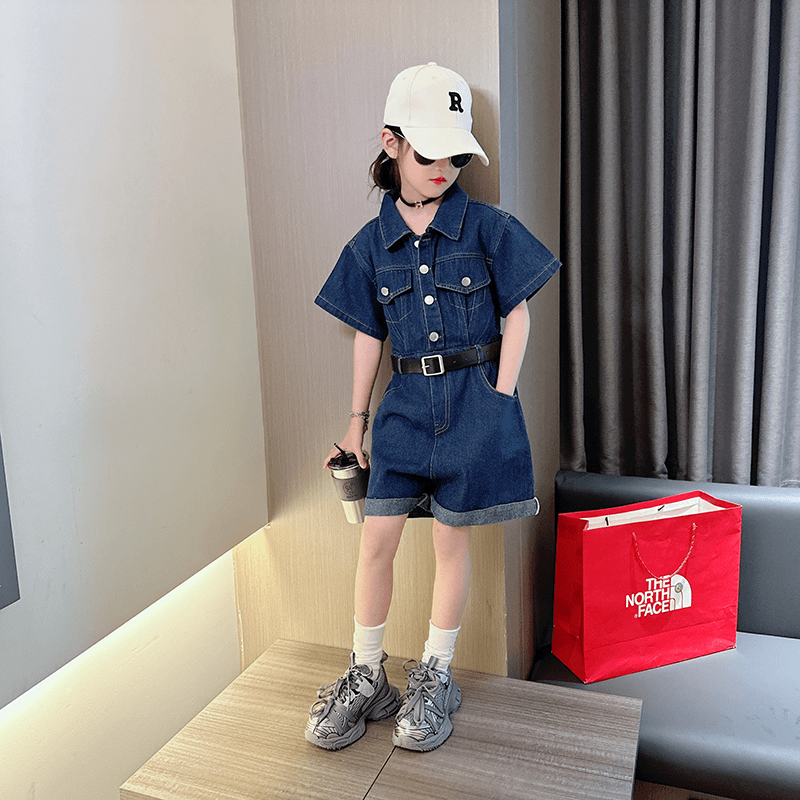 女大童连体裤2024夏季新款韩版休闲纯色腰带收腰短袖短裤牛仔一体