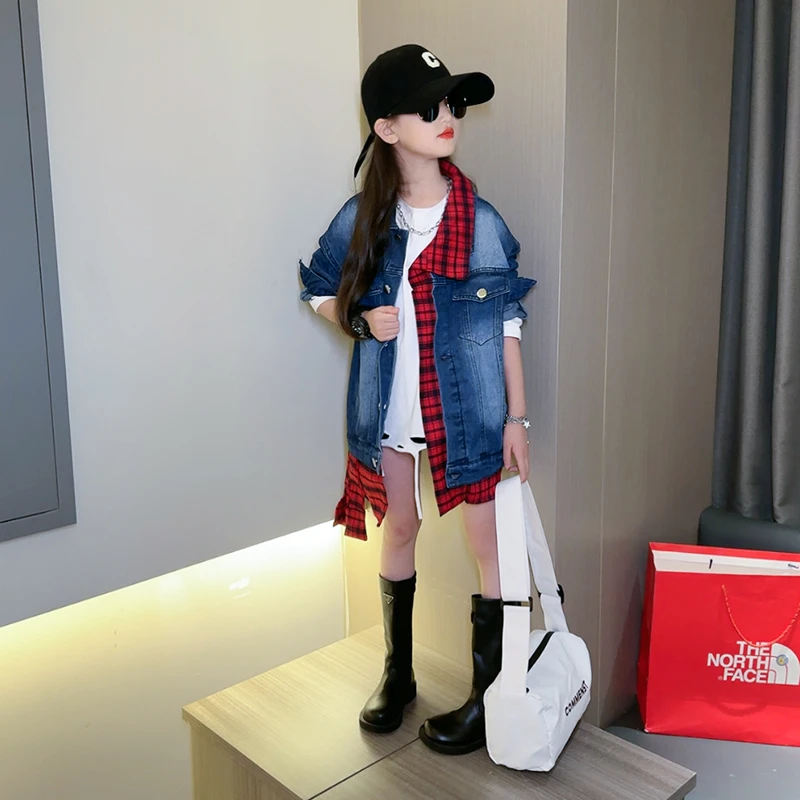 女童牛仔外套2025新款中大童女孩衬衫春秋款美式潮搭格子拼接上衣