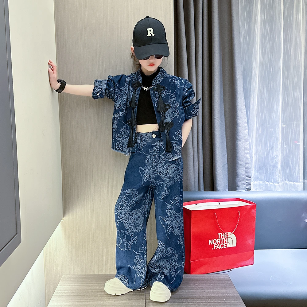 女童春秋装牛仔套装2025新款大童洋气街头风复古休闲国潮风两件套