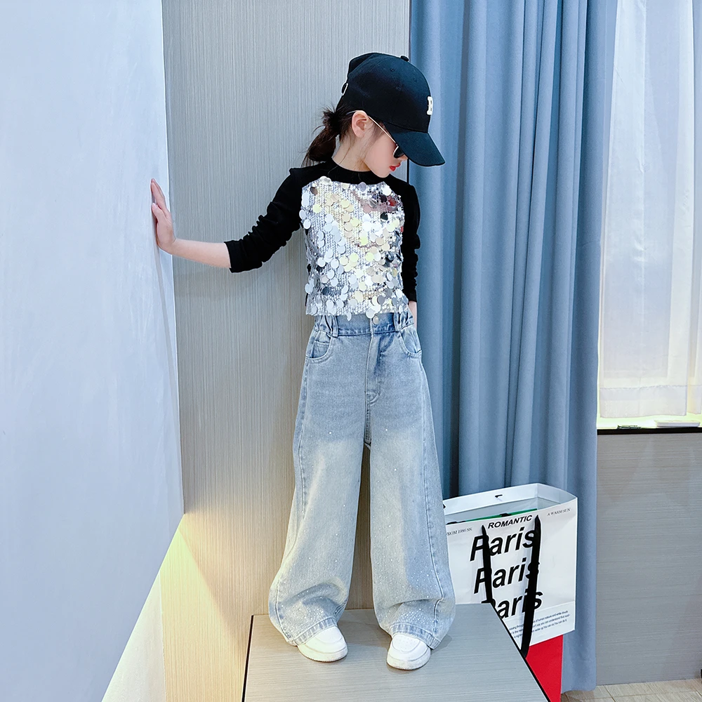 女童裤子2025春季新款儿童韩版烫钻牛仔阔腿裤女孩潮流百搭长裤潮