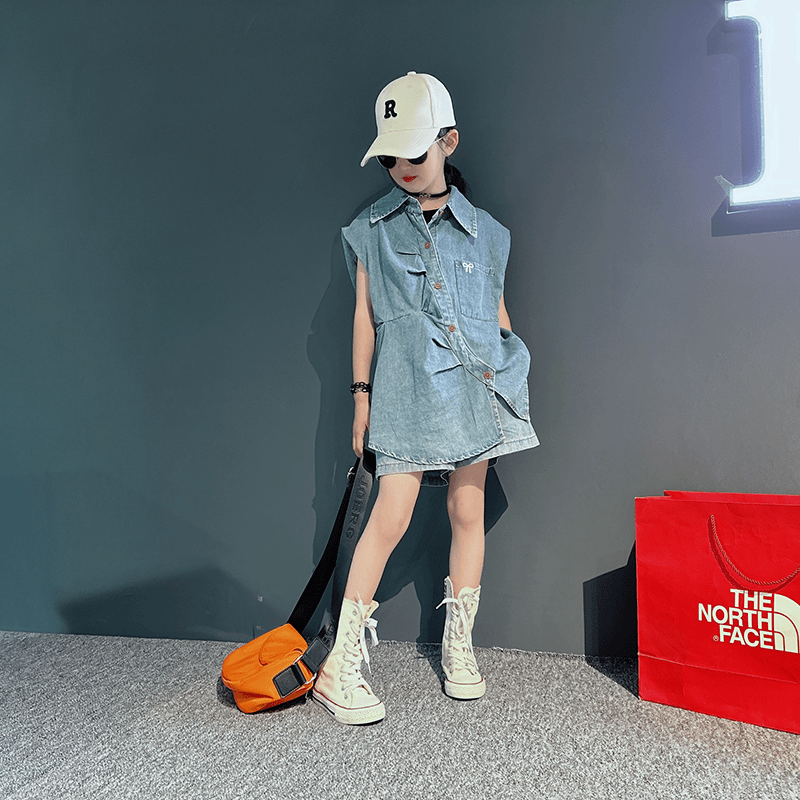 女大童港风牛仔套装2024夏季新款儿童洋气时尚韩版宽松短裤两件套