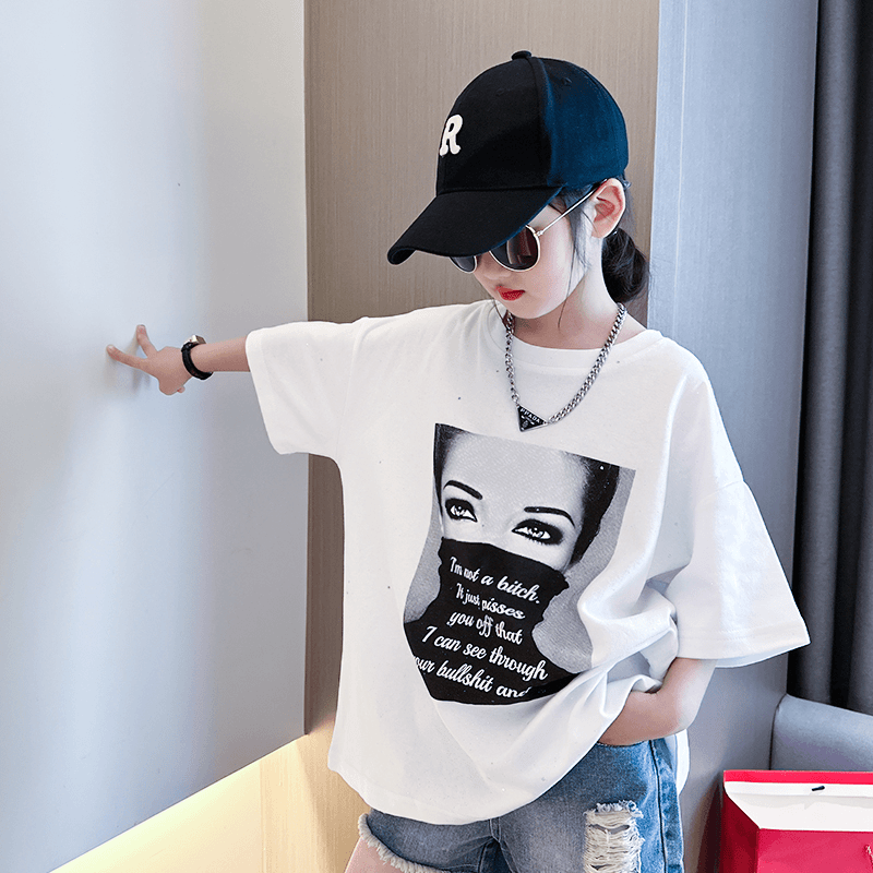 女童欧美字母印花星空亮点t恤2024夏季新款儿童韩版宽松圆领短袖