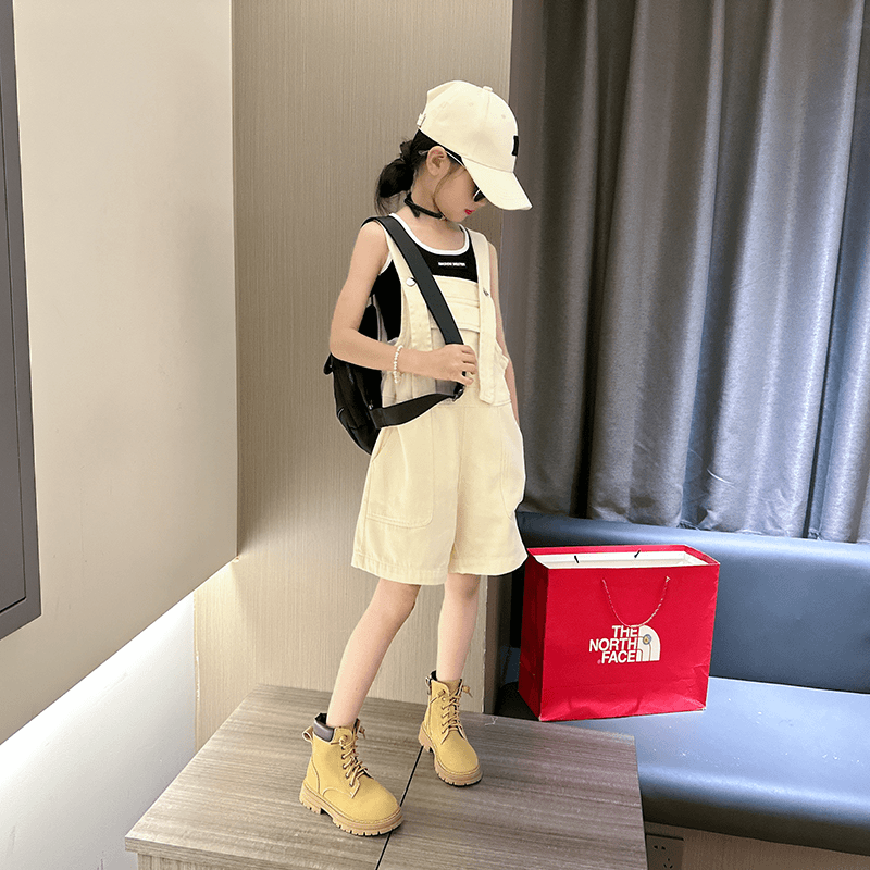 女童夏装套装2024夏季新款纯色短款背带裤拼色背心洋气休闲两件套