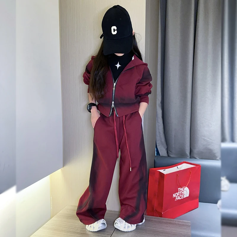 女童春季潮酷喷染套装2025新款中大童休闲时尚儿童连帽开衫两件套