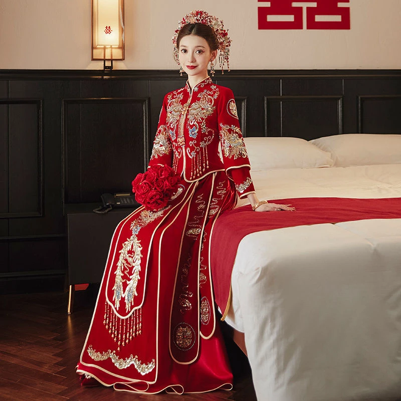 丝绒秀禾服2023新款新娘结婚中式礼服敬酒嫁衣龙凤褂高档婚服夏季