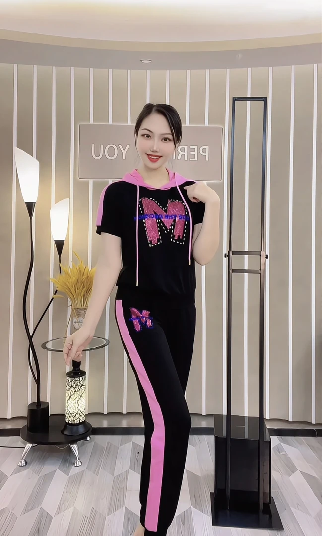 缘格熙女装新款显瘦百搭夏宽松连帽时尚休闲运动套装女体操服5880