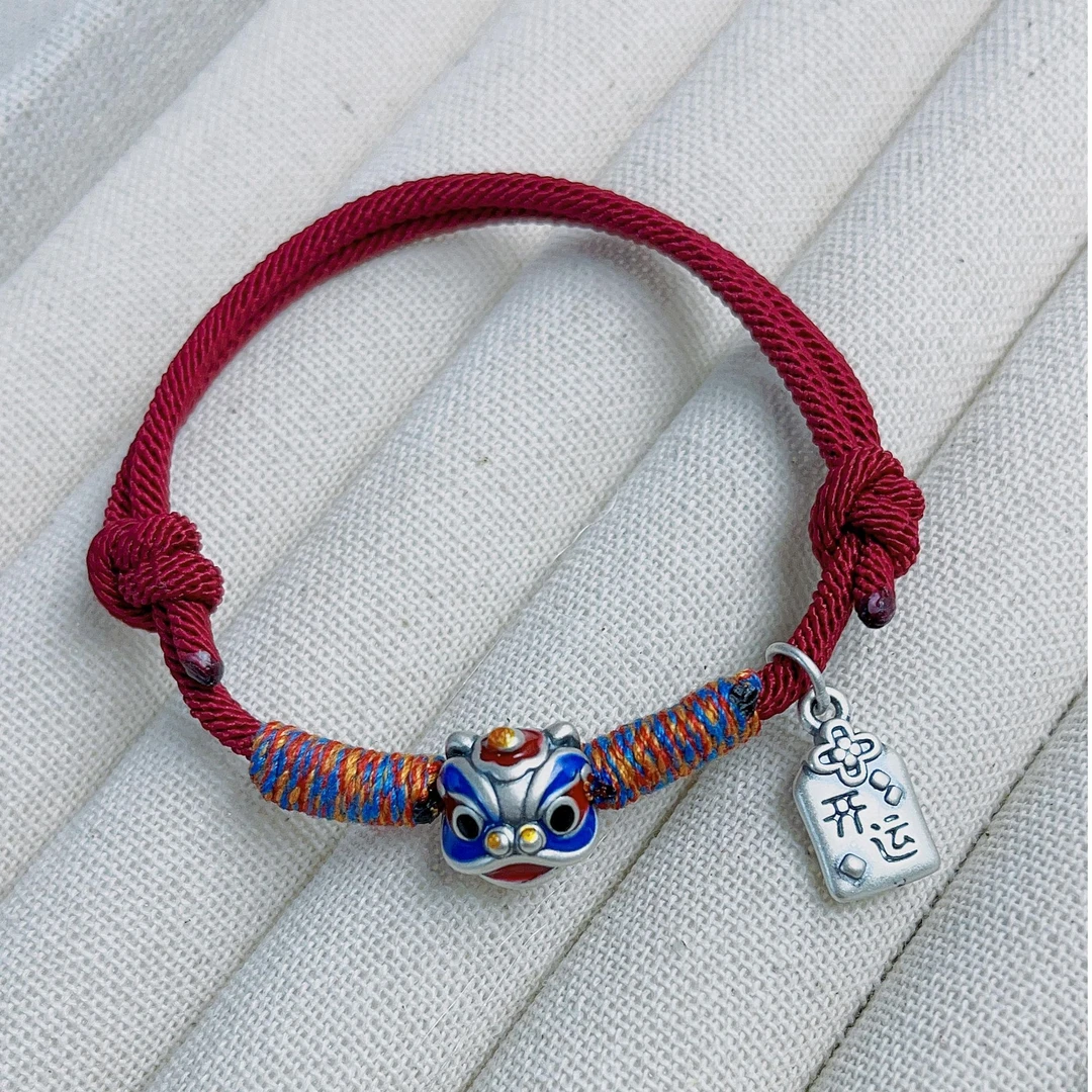 足银珐琅手链 复古国分醒狮开运红绳编织手链【足银999】